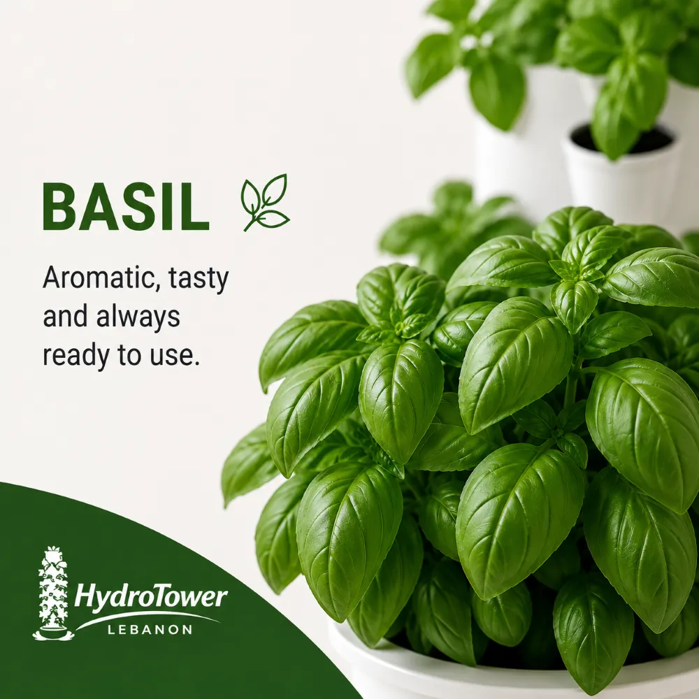 Fresh basil growing on the tower