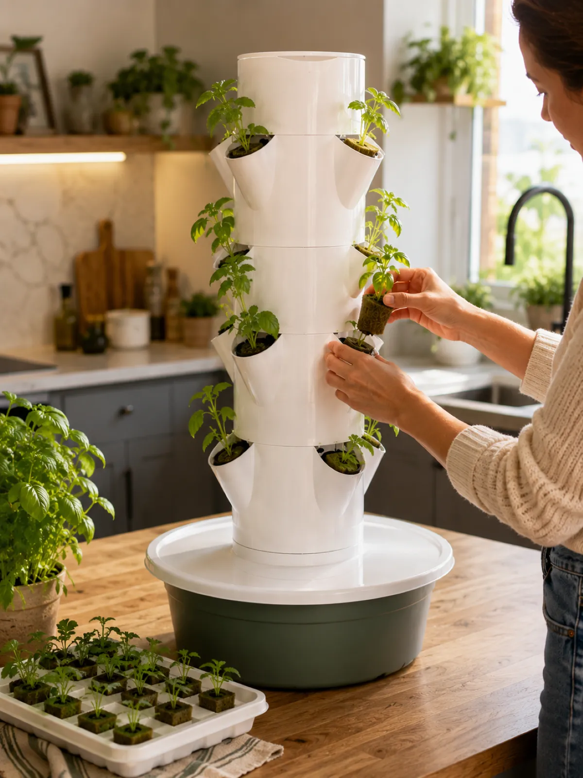 Hydroponic tower being set up at a customer balcony with seedlings