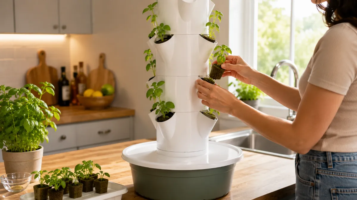 Hydroponic tower being set up at a customer balcony with seedlings