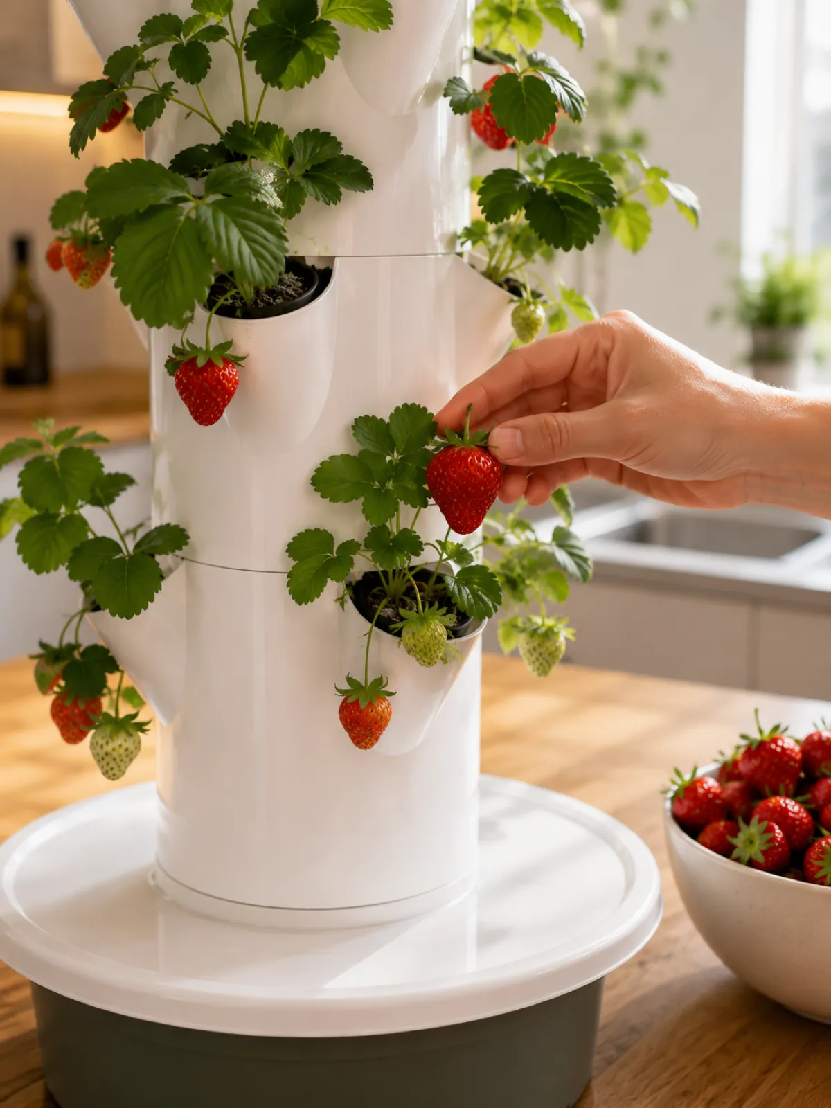 A hand holding fresh strawberries grown on the tower