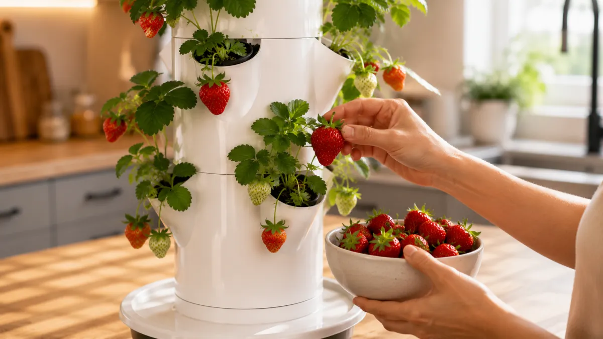 A hand holding fresh strawberries grown on the tower